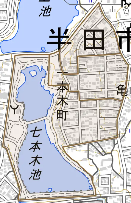 一本木町とその周辺の地図。町の範囲を重ねている