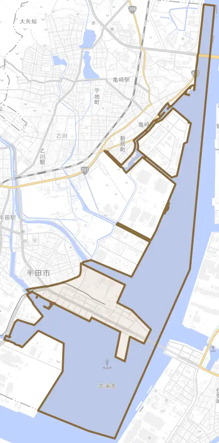 十一号地とその周辺の地図。町の範囲を重ねている