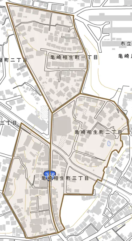 亀崎相生町とその周辺の地図。町の範囲を重ねている