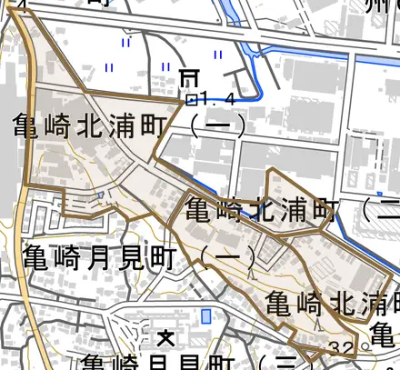 亀崎北浦町とその周辺の地図。町の範囲を重ねている