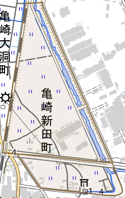 亀崎新田町とその周辺の地図。町の範囲を重ねている