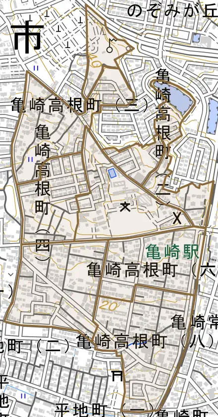 亀崎高根町とその周辺の地図。町の範囲を重ねている