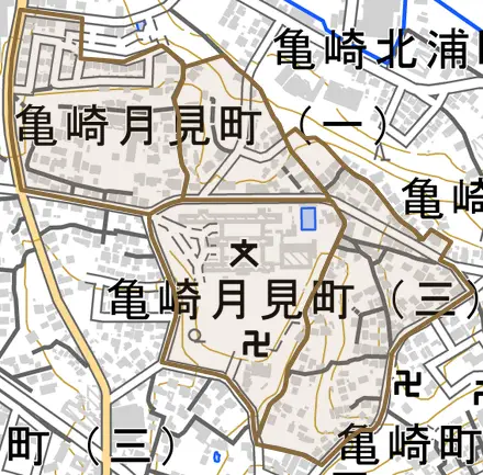 亀崎月見町とその周辺の地図。町の範囲を重ねている