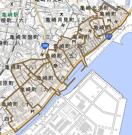 亀崎町とその周辺の地図。町の範囲を重ねている