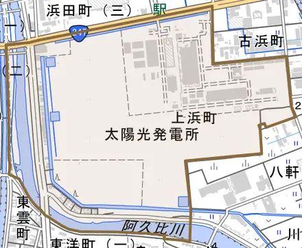 上浜町とその周辺の地図。町の範囲を重ねている