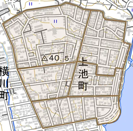 上池町とその周辺の地図。町の範囲を重ねている