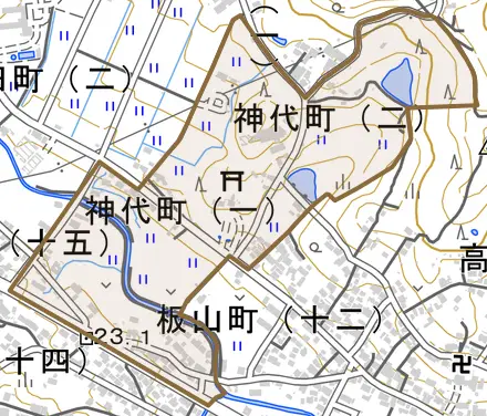 神代町とその周辺の地図。町の範囲を重ねている