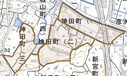 神田町とその周辺の地図。町の範囲を重ねている