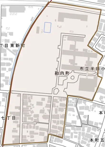 勘内町とその周辺の地図。町の範囲を重ねている
