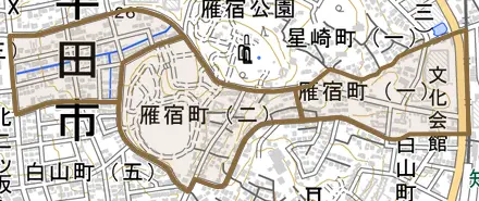 雁宿町とその周辺の地図。町の範囲を重ねている