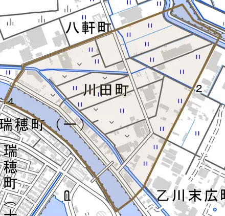 川田町とその周辺の地図。町の範囲を重ねている