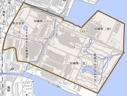 川崎町とその周辺の地図。町の範囲を重ねている