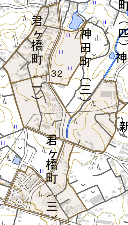 君ケ橋町とその周辺の地図。町の範囲を重ねている