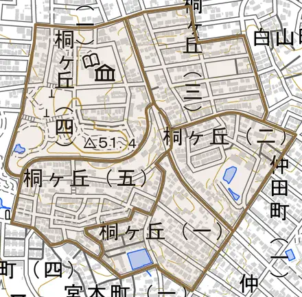 桐ケ丘とその周辺の地図。町の範囲を重ねている