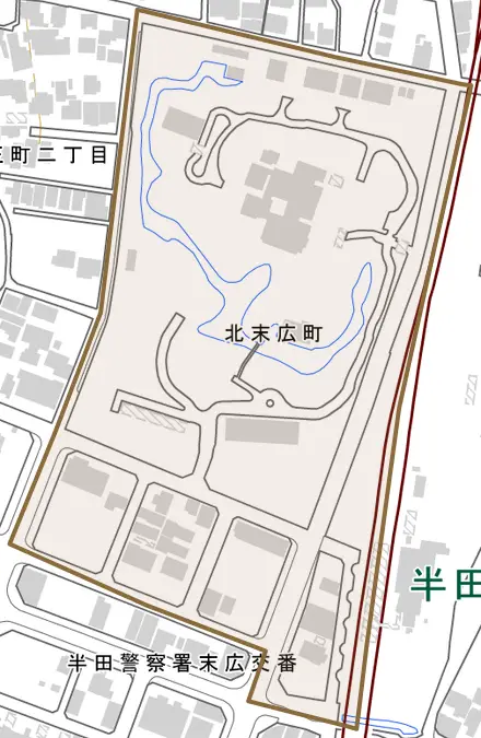 北末広町とその周辺の地図。町の範囲を重ねている