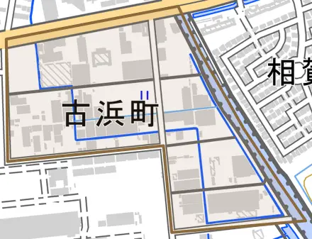 古浜町とその周辺の地図。町の範囲を重ねている