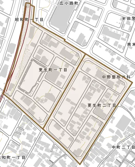 更生町とその周辺の地図。町の範囲を重ねている