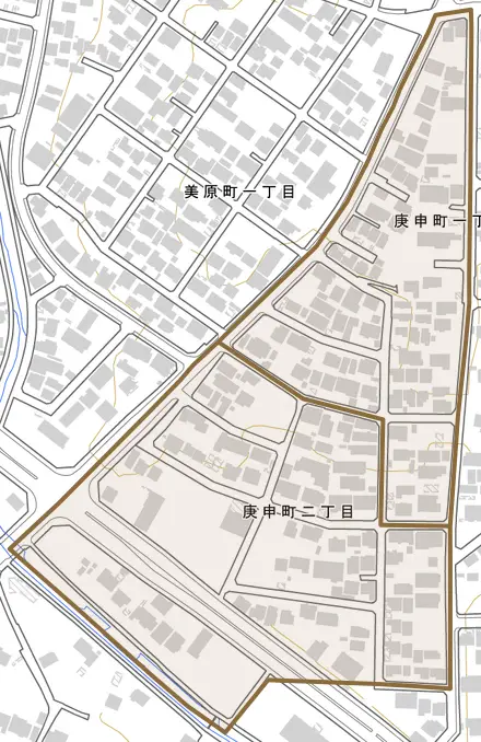 庚申町とその周辺の地図。町の範囲を重ねている