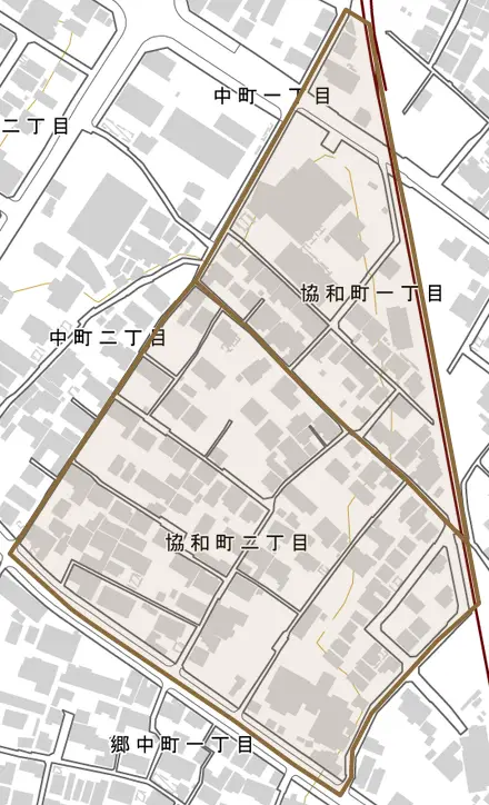 協和町とその周辺の地図。町の範囲を重ねている