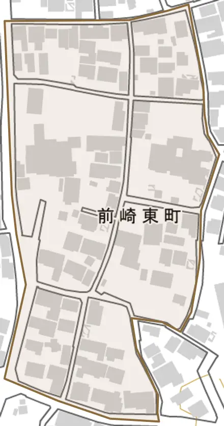 前崎東町とその周辺の地図。町の範囲を重ねている