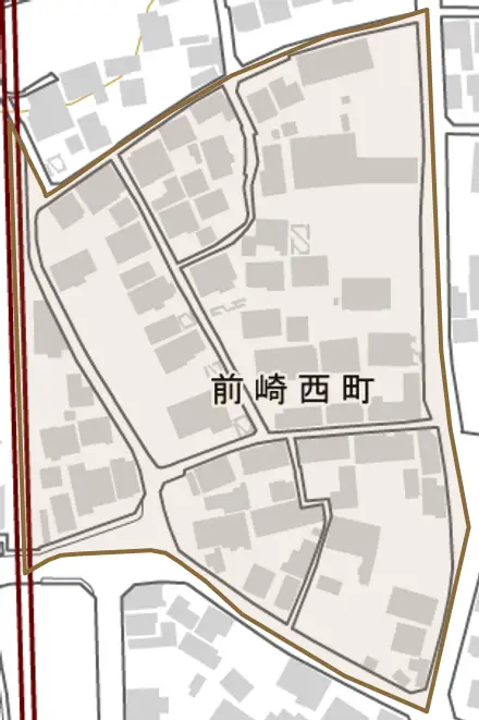 前崎西町とその周辺の地図。町の範囲を重ねている