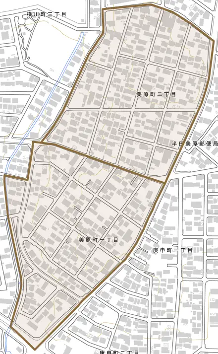 美原町とその周辺の地図。町の範囲を重ねている