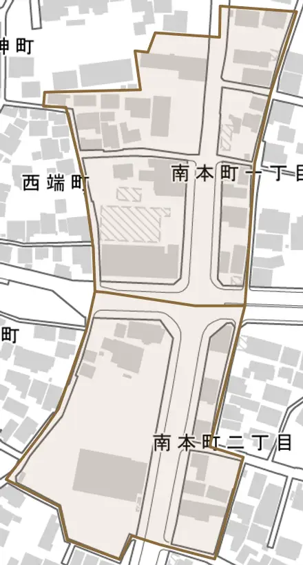 南本町とその周辺の地図。町の範囲を重ねている