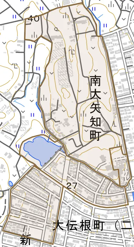 南大矢知町とその周辺の地図。町の範囲を重ねている