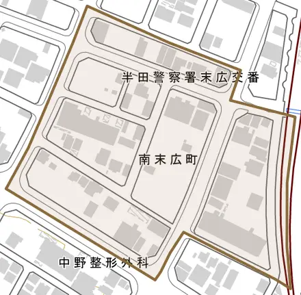 南末広町とその周辺の地図。町の範囲を重ねている