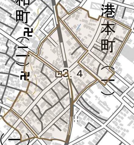 港本町とその周辺の地図。町の範囲を重ねている