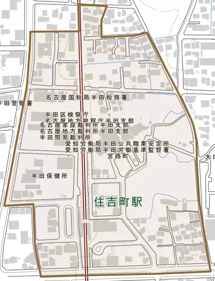 宮路町とその周辺の地図。町の範囲を重ねている