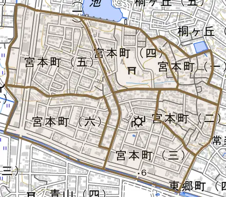 宮本町とその周辺の地図。町の範囲を重ねている