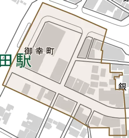 御幸町とその周辺の地図。町の範囲を重ねている