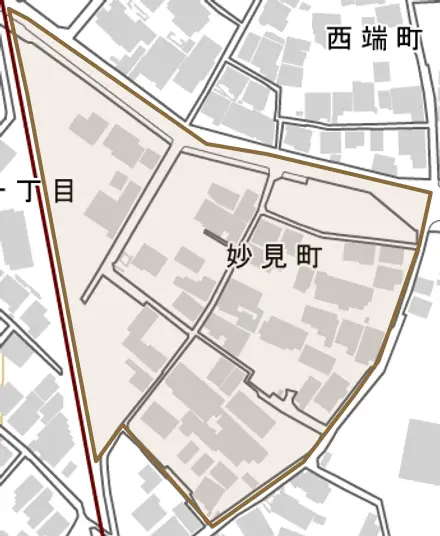 妙見町とその周辺の地図。町の範囲を重ねている