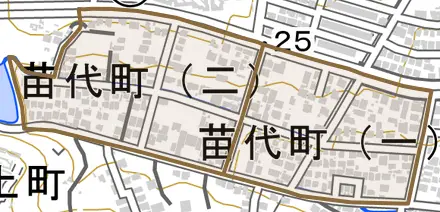 苗代町とその周辺の地図。町の範囲を重ねている