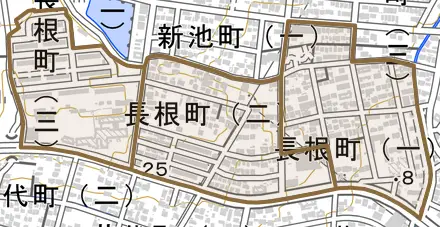 長根町とその周辺の地図。町の範囲を重ねている