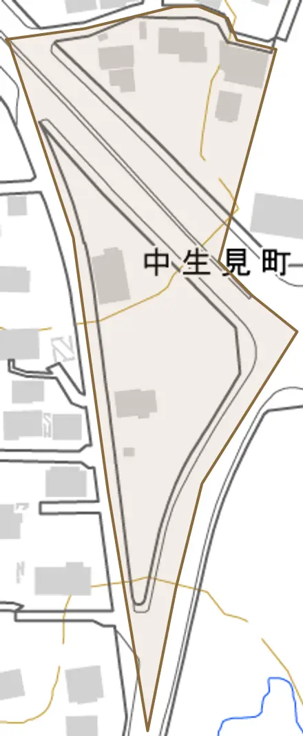 中生見町とその周辺の地図。町の範囲を重ねている