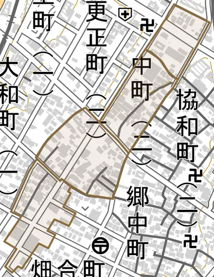 中町とその周辺の地図。町の範囲を重ねている