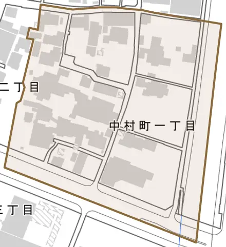 中村町とその周辺の地図。町の範囲を重ねている