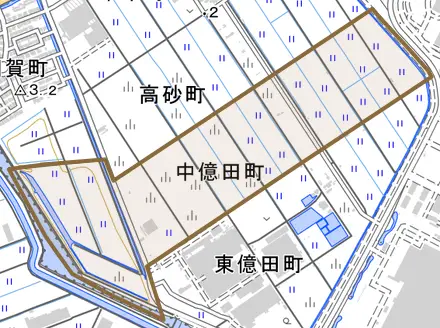 中億田町とその周辺の地図。町の範囲を重ねている