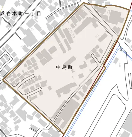 中島町とその周辺の地図。町の範囲を重ねている