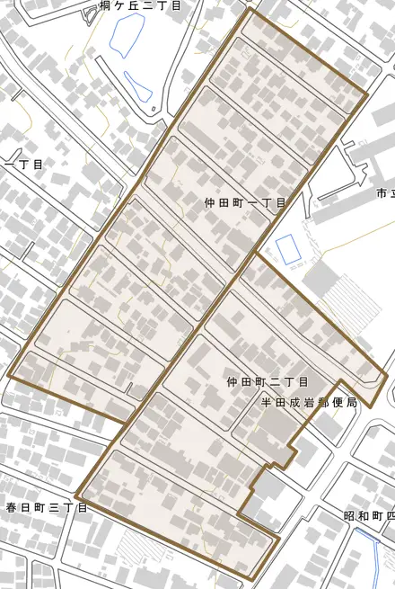 仲田町とその周辺の地図。町の範囲を重ねている