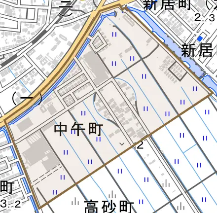 中午町とその周辺の地図。町の範囲を重ねている