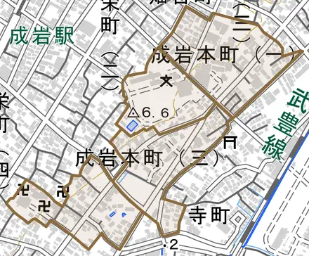 成岩本町とその周辺の地図。町の範囲を重ねている