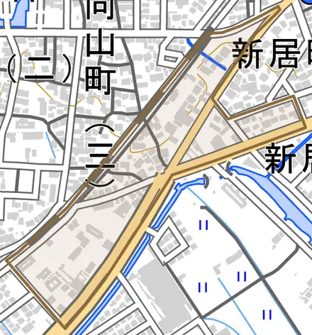 祢宜町とその周辺の地図。町の範囲を重ねている