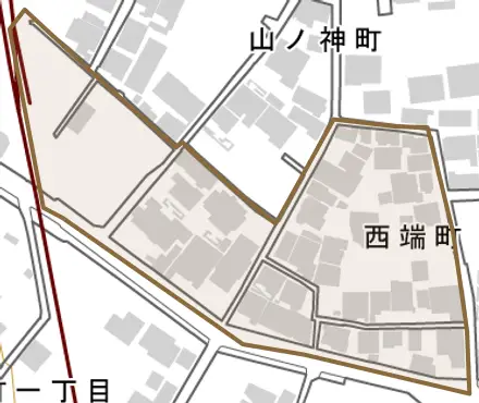 西端町とその周辺の地図。町の範囲を重ねている