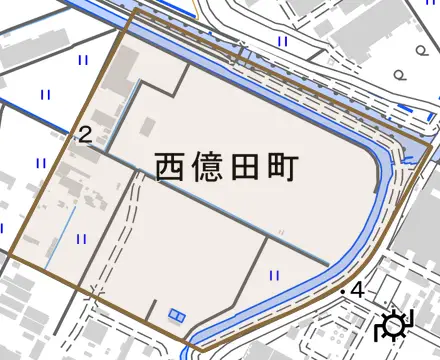 西億田町とその周辺の地図。町の範囲を重ねている