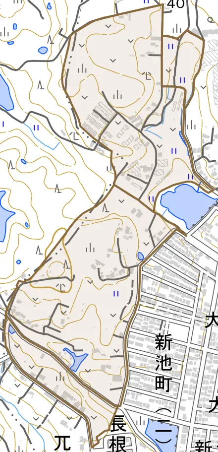 西大矢知町とその周辺の地図。町の範囲を重ねている