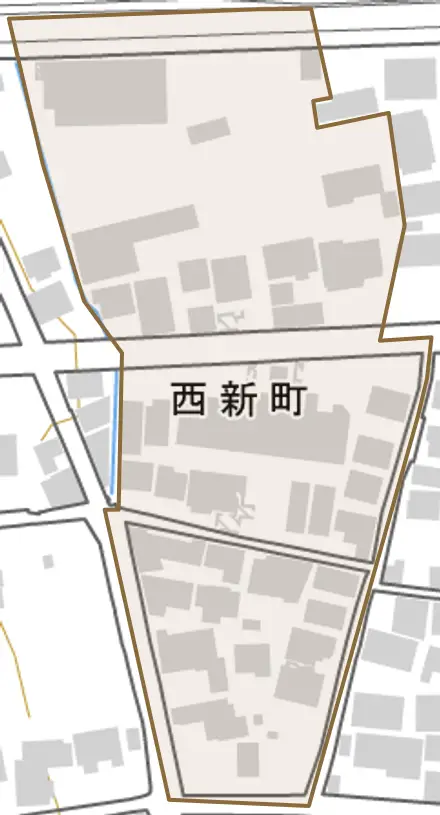 西新町とその周辺の地図。町の範囲を重ねている