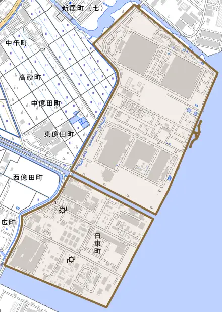 日東町とその周辺の地図。町の範囲を重ねている